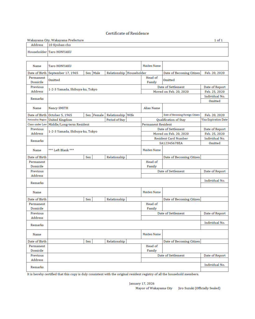住民票翻訳サンプル